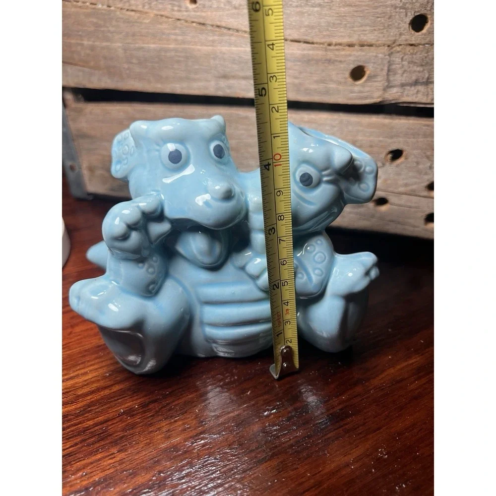 Twin‎ Dinosaurs Planter Vase Two Dragons Vintage Blue Ceramic Turquoise Vase